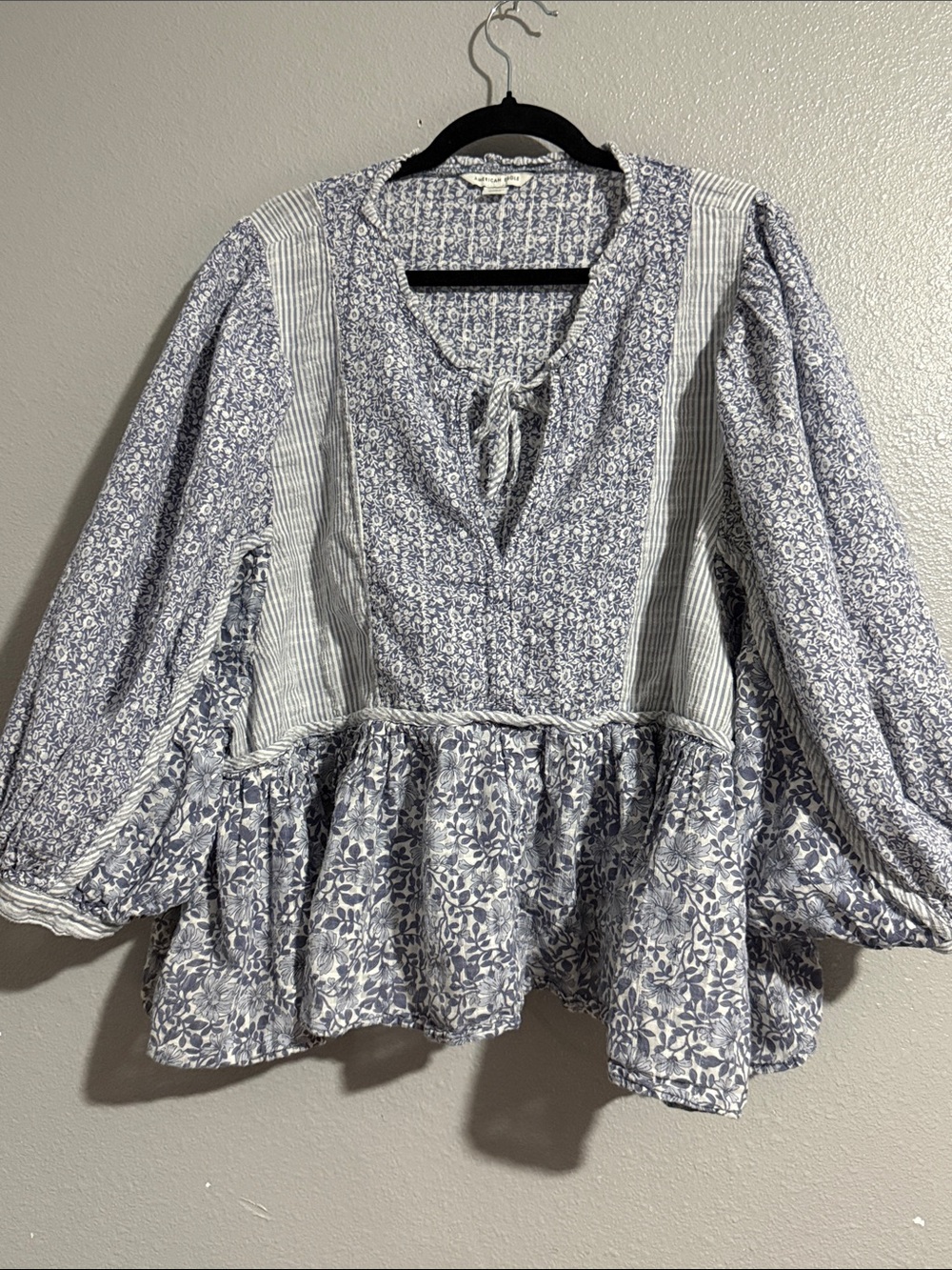 American Eagle Outfitters Blue and White Mixed-Print Peplum Blouse